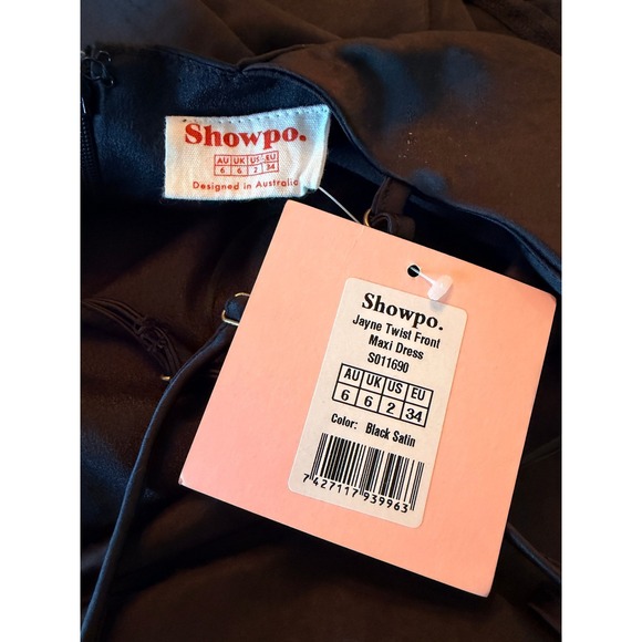 Black Twist Maxi Dress Showpo Jayne Twist Front Strappy Satin Gown Size 2 NWT - Picture 2 of 9